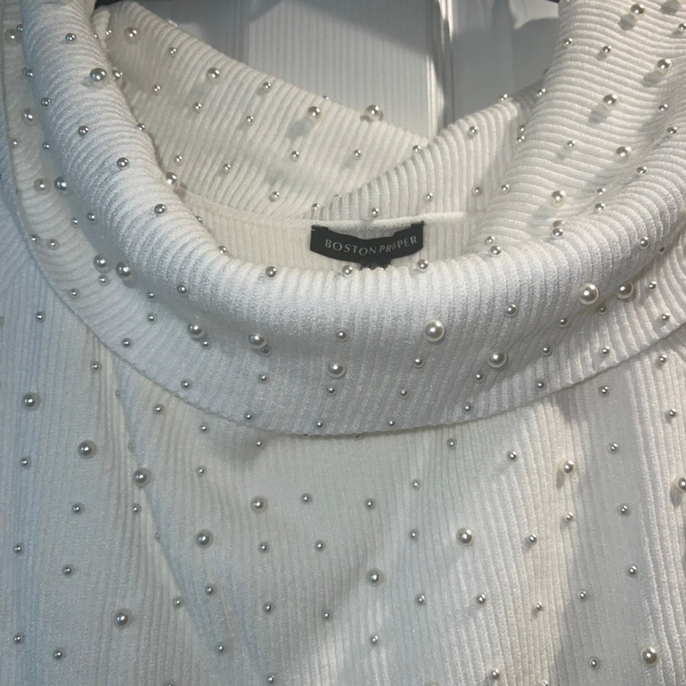 Boston Proper White Cowl Neck Sweater with Sparkly Embellishments - Picture 2 of 2